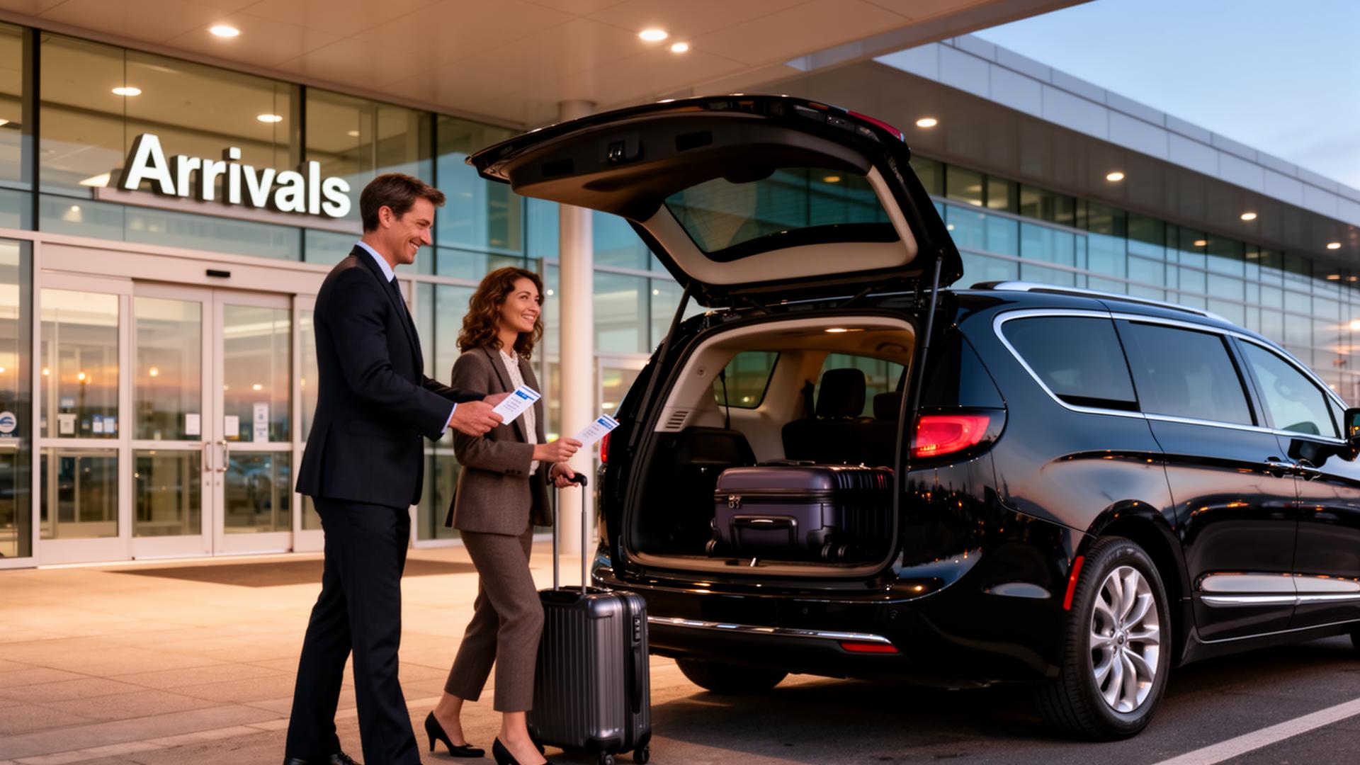 Transfert aéroport Halifax — chauffeur professionnel chargeant les bagages d'une cliente devant le terminal